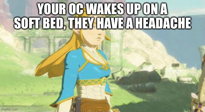 Judging zelda | YOUR OC WAKES UP ON A SOFT BED, THEY HAVE A HEADACHE | image tagged in judging zelda | made w/ Imgflip meme maker