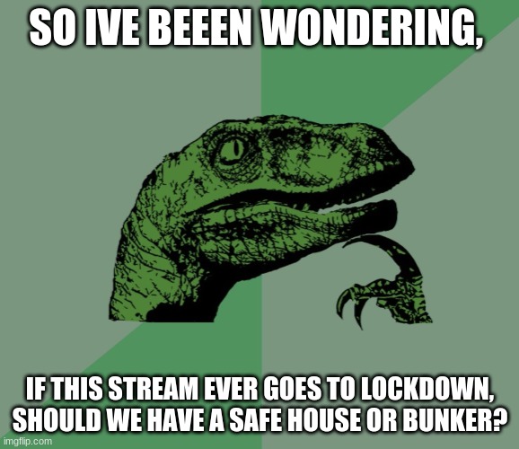 dino think dinossauro pensador | SO IVE BEEEN WONDERING, IF THIS STREAM EVER GOES TO LOCKDOWN, SHOULD WE HAVE A SAFE HOUSE OR BUNKER? | image tagged in dino think dinossauro pensador | made w/ Imgflip meme maker