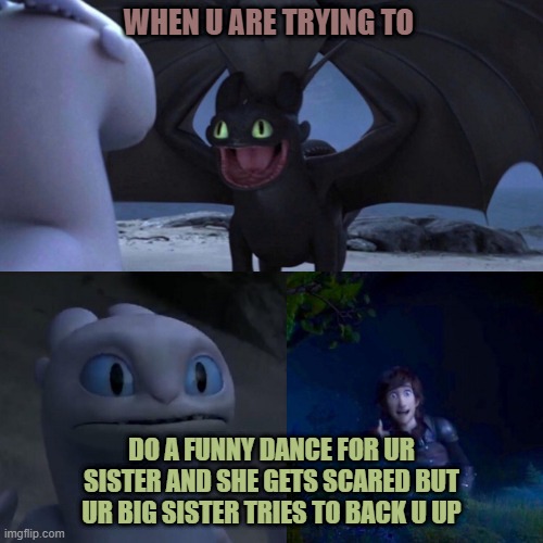 night fury | WHEN U ARE TRYING TO; DO A FUNNY DANCE FOR UR SISTER AND SHE GETS SCARED BUT UR BIG SISTER TRIES TO BACK U UP | image tagged in night fury | made w/ Imgflip meme maker