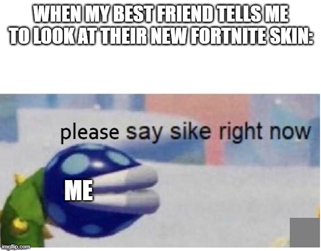Pleeeeeeeeeeeeeeeeeeeeeeeeeeeeeeeeeeeeeeeeeeease say sike | WHEN MY BEST FRIEND TELLS ME TO LOOK AT THEIR NEW FORTNITE SKIN:; please; ME | image tagged in say sike right now | made w/ Imgflip meme maker