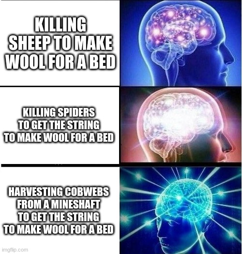 s m o r t | KILLING SHEEP TO MAKE WOOL FOR A BED; KILLING SPIDERS TO GET THE STRING TO MAKE WOOL FOR A BED; HARVESTING COBWEBS FROM A MINESHAFT TO GET THE STRING TO MAKE WOOL FOR A BED | image tagged in expanding brain 3 panels | made w/ Imgflip meme maker