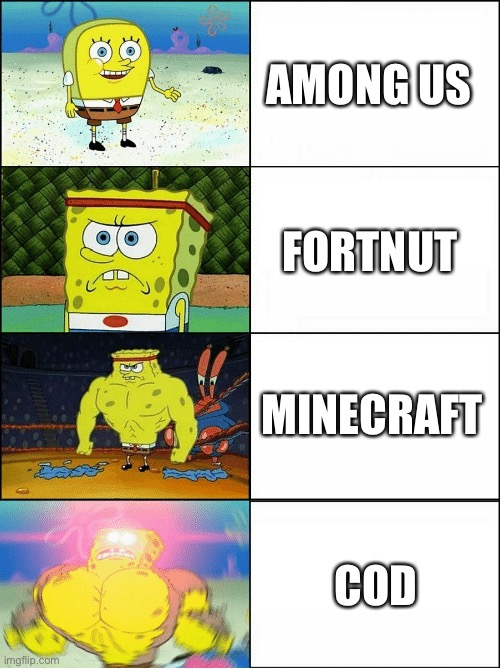 Bruh gaming in 2020 | AMONG US; FORTNUT; MINECRAFT; COD | image tagged in sponge finna commit muder | made w/ Imgflip meme maker