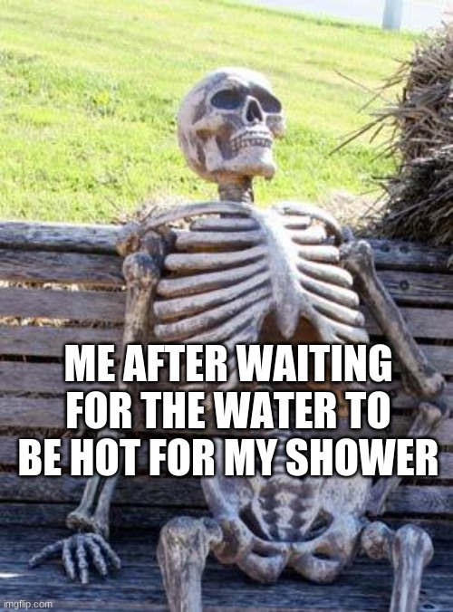 Me everynight | ME AFTER WAITING FOR THE WATER TO BE HOT FOR MY SHOWER | image tagged in memes,waiting skeleton | made w/ Imgflip meme maker