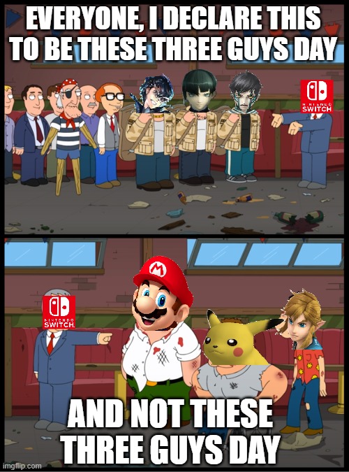 EVERYONE, I DECLARE THIS TO BE THESE THREE GUYS DAY; AND NOT THESE THREE GUYS DAY | image tagged in Megaten | made w/ Imgflip meme maker
