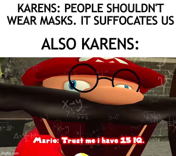 I'm going to have fun with this new template (: | KARENS: PEOPLE SHOULDN'T WEAR MASKS. IT SUFFOCATES US; ALSO KARENS: | image tagged in blank white template,trust me i have 15 iq | made w/ Imgflip meme maker