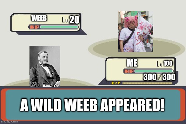 A wild weeb appeared | 20; WEEB; 100; ME; 300    300; A WILD WEEB APPEARED! | image tagged in pokemon battle,no anime allowed,general grant | made w/ Imgflip meme maker