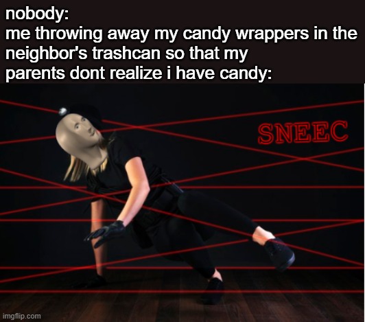 lmao | nobody:
me throwing away my candy wrappers in the neighbor's trashcan so that my parents dont realize i have candy: | image tagged in sneec | made w/ Imgflip meme maker