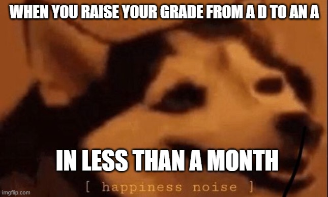 [happiness noise] |  WHEN YOU RAISE YOUR GRADE FROM A D TO AN A; IN LESS THAN A MONTH | image tagged in happiness noise | made w/ Imgflip meme maker