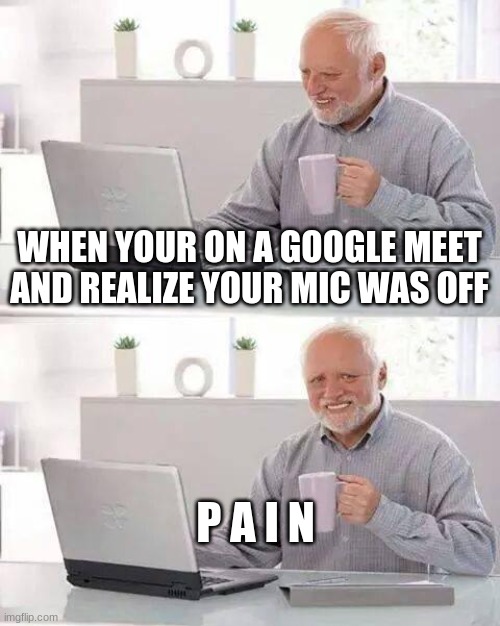 p a i n | WHEN YOUR ON A GOOGLE MEET AND REALIZE YOUR MIC WAS OFF; P A I N | image tagged in memes,hide the pain harold | made w/ Imgflip meme maker