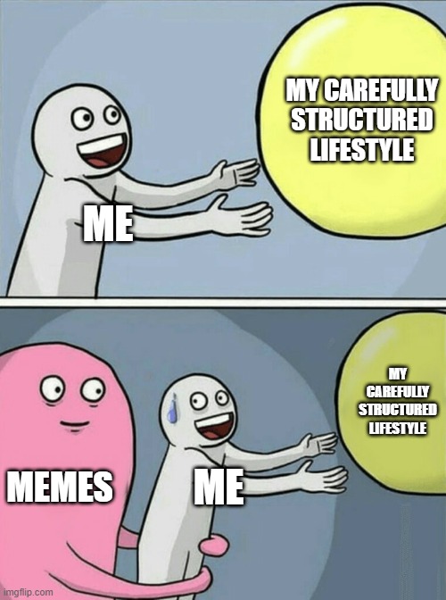 me vs memes | MY CAREFULLY STRUCTURED LIFESTYLE; ME; MY CAREFULLY STRUCTURED LIFESTYLE; MEMES; ME | image tagged in memes,running away balloon | made w/ Imgflip meme maker