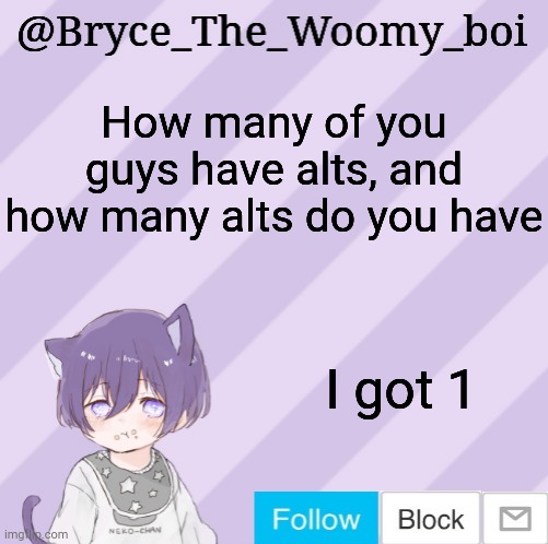 Bryce_The_Woomy_boi's announcement template | How many of you guys have alts, and how many alts do you have; I got 1 | image tagged in bryce_the_woomy_boi's announcement template | made w/ Imgflip meme maker