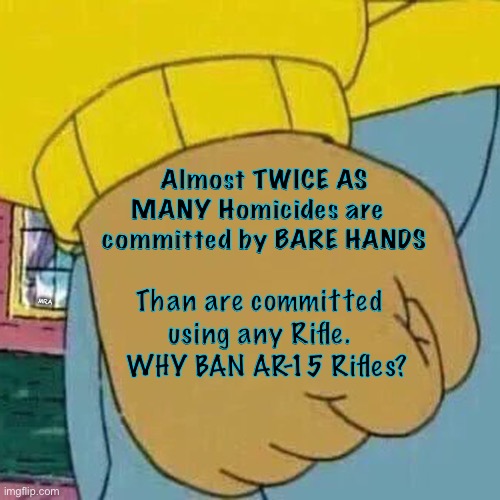 Arthur fist | Almost TWICE AS MANY Homicides are   committed by BARE HANDS; Than are committed   using any Rifle.  
  WHY BAN AR-15 Rifles? MRA | image tagged in arthur fist | made w/ Imgflip meme maker