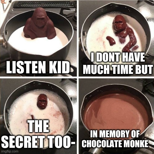 chocolate gorilla | LISTEN KID; I DONT HAVE MUCH TIME BUT; THE SECRET TOO-; IN MEMORY OF CHOCOLATE MONKE | image tagged in chocolate gorilla | made w/ Imgflip meme maker