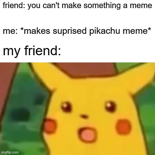 Surprised Pikachu | friend: you can't make something a meme; me: *makes suprised pikachu meme*; my friend: | image tagged in memes,surprised pikachu | made w/ Imgflip meme maker