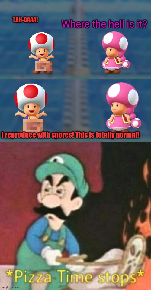 What the heck is going on? | TAH-DAAA! Where the hell is it? I reproduce with spores! This is totally normal! | image tagged in toad and toadette,jealous girlfriend,pizza time stops,unnecessary censorship,censorship,mushrooms | made w/ Imgflip meme maker