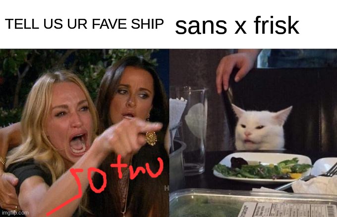 Woman Yelling At Cat Meme | TELL US UR FAVE SHIP; sans x frisk | image tagged in memes,woman yelling at cat | made w/ Imgflip meme maker