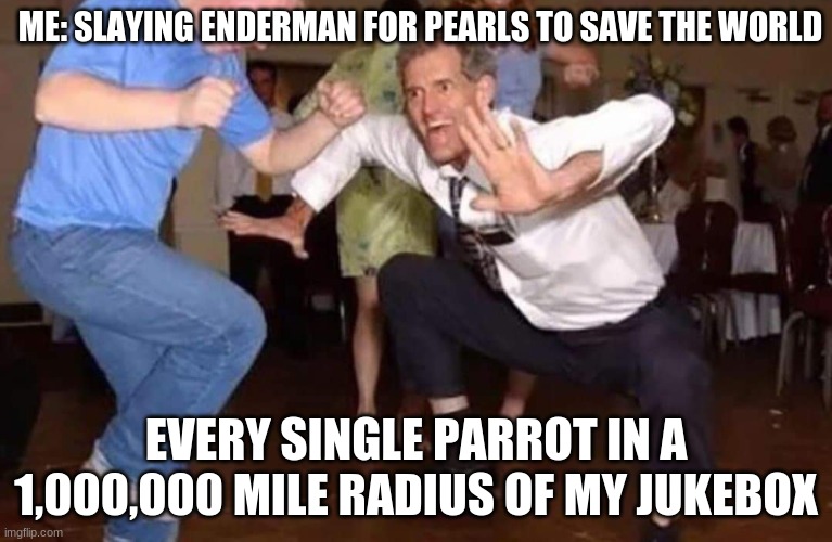 Stop dancing | ME: SLAYING ENDERMAN FOR PEARLS TO SAVE THE WORLD; EVERY SINGLE PARROT IN A 1,000,000 MILE RADIUS OF MY JUKEBOX | image tagged in old man dancing,parrot,parr0t | made w/ Imgflip meme maker