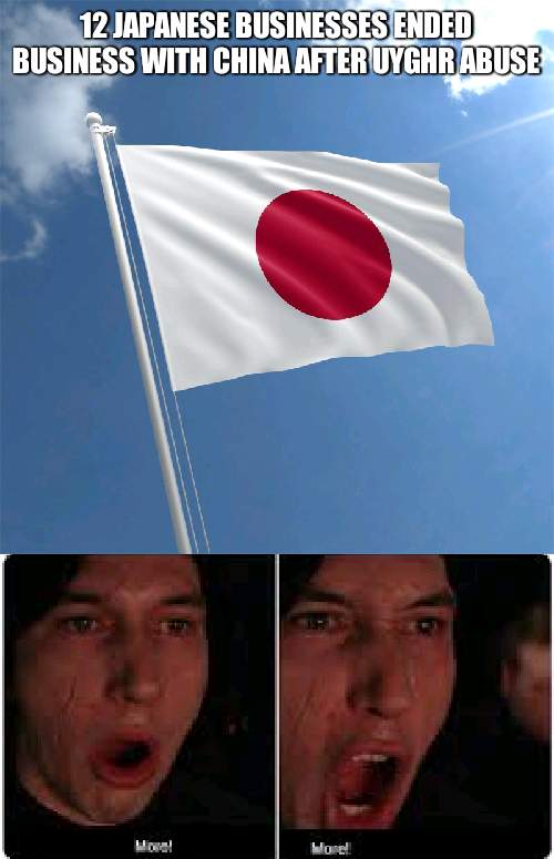 We need to stop doing business with the Chinese | 12 JAPANESE BUSINESSES ENDED BUSINESS WITH CHINA AFTER UYGHR ABUSE | image tagged in japan flag,kylo ren more,china | made w/ Imgflip meme maker