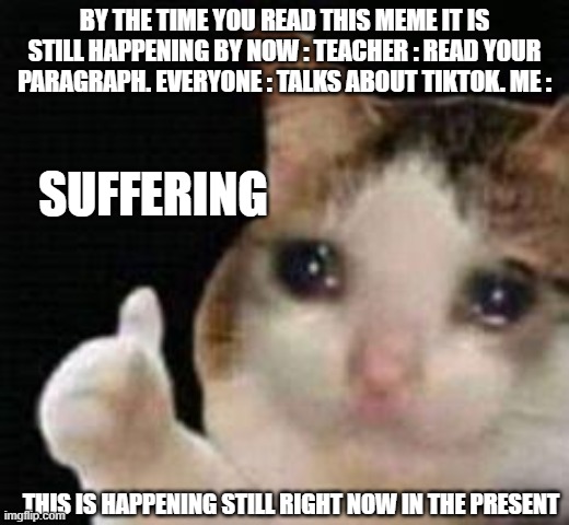 By the time u read it is still hapening | BY THE TIME YOU READ THIS MEME IT IS STILL HAPPENING BY NOW : TEACHER : READ YOUR PARAGRAPH. EVERYONE : TALKS ABOUT TIKTOK. ME :; SUFFERING; THIS IS HAPPENING STILL RIGHT NOW IN THE PRESENT | image tagged in approved crying cat | made w/ Imgflip meme maker