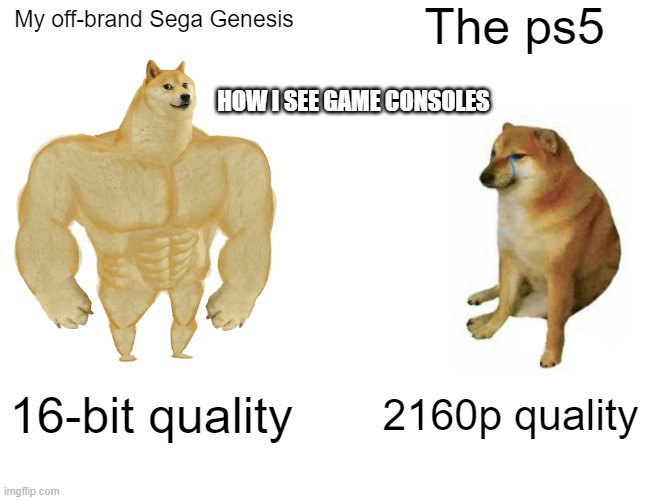 How I See Consoles | The ps5; My off-brand Sega Genesis; HOW I SEE GAME CONSOLES; 16-bit quality; 2160p quality | image tagged in memes,buff doge vs cheems | made w/ Imgflip meme maker