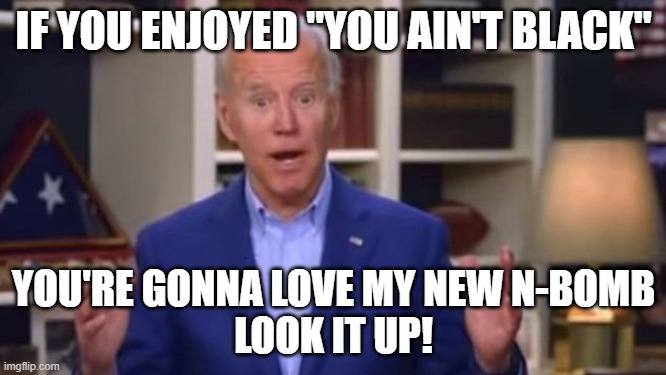 Joe Biden You Ain't Black | IF YOU ENJOYED "YOU AIN'T BLACK"; YOU'RE GONNA LOVE MY NEW N-BOMB
LOOK IT UP! | image tagged in joe biden you ain't black | made w/ Imgflip meme maker