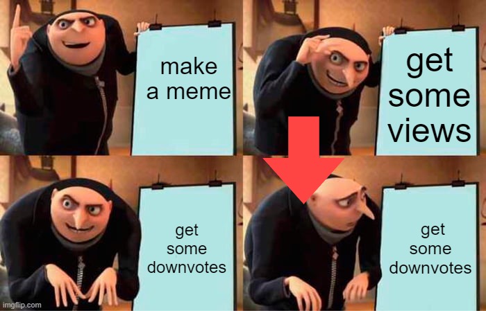 Gru's Plan | make a meme; get some views; get some downvotes; get some downvotes | image tagged in memes,gru's plan | made w/ Imgflip meme maker