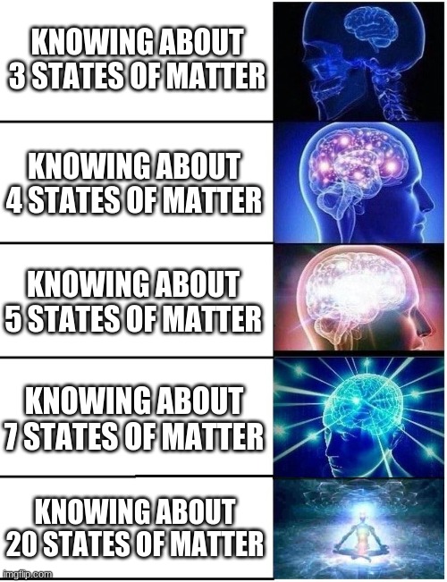 yes it's real look it up | KNOWING ABOUT 3 STATES OF MATTER; KNOWING ABOUT 4 STATES OF MATTER; KNOWING ABOUT 5 STATES OF MATTER; KNOWING ABOUT 7 STATES OF MATTER; KNOWING ABOUT 20 STATES OF MATTER | image tagged in expanding brain 5 panel,expanding brain | made w/ Imgflip meme maker