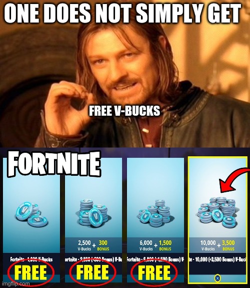 ONE DOES NOT SIMPLY GET; FREE V-BUCKS | image tagged in memes,one does not simply | made w/ Imgflip meme maker
