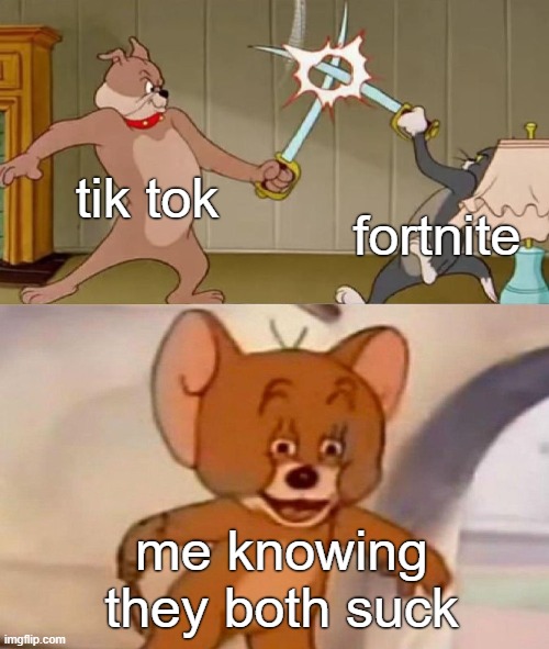 Which is worse? | tik tok; fortnite; me knowing they both suck | image tagged in tom and jerry swordfight | made w/ Imgflip meme maker
