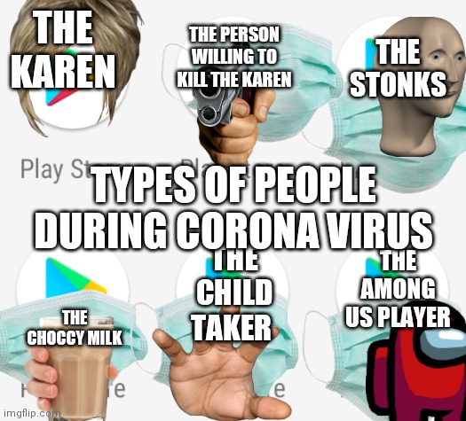 Types of people | THE KAREN; THE PERSON WILLING TO KILL THE KAREN; THE STONKS; TYPES OF PEOPLE DURING CORONA VIRUS; THE AMONG US PLAYER; THE CHILD TAKER; THE CHOCCY MILK | image tagged in stonks,karen,hand,amongus,choccy milk,gun | made w/ Imgflip meme maker