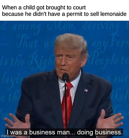 Buisness Man | When a child got brought to court because he didn't have a permit to sell lemonaide | image tagged in i was a businessman doing business,memes,funny,funny memes | made w/ Imgflip meme maker
