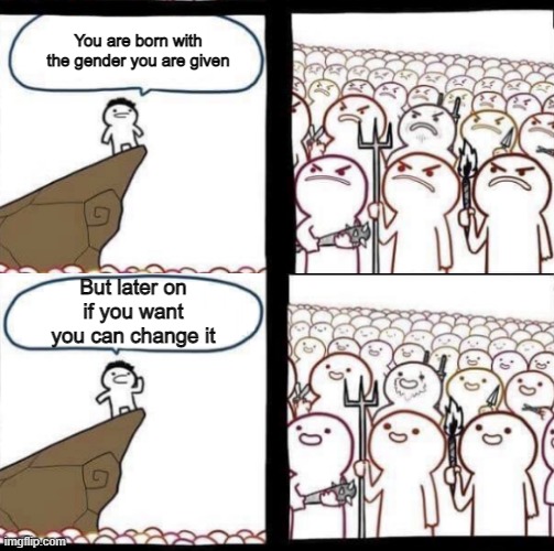 pitchforks and torches meme reverse | You are born with the gender you are given; But later on if you want you can change it | image tagged in pitchforks and torches meme reverse | made w/ Imgflip meme maker