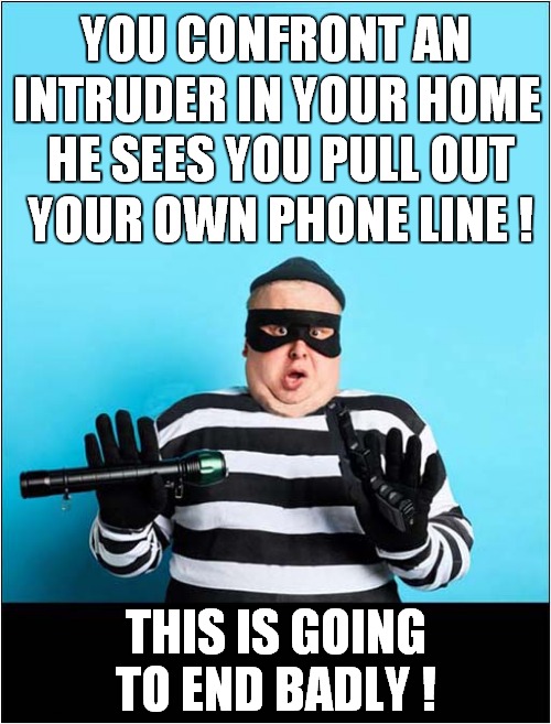 Psycho Home Owner ! | YOU CONFRONT AN; INTRUDER IN YOUR HOME; HE SEES YOU PULL OUT; YOUR OWN PHONE LINE ! THIS IS GOING TO END BADLY ! | image tagged in fun,burglar,psycho | made w/ Imgflip meme maker