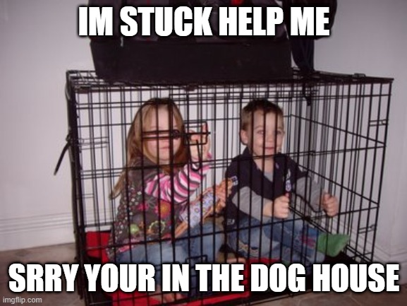 Kids in Crate | IM STUCK HELP ME; SRRY YOUR IN THE DOG HOUSE | image tagged in kids in crate | made w/ Imgflip meme maker
