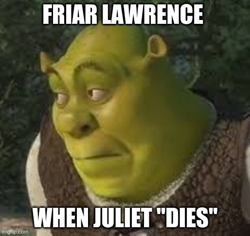 oops | FRIAR LAWRENCE; WHEN JULIET "DIES" | image tagged in sherk | made w/ Imgflip meme maker