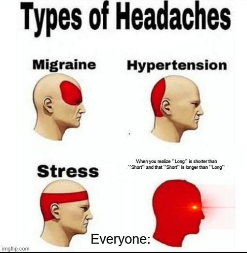 *Realization* | When you realize ``Long`` is shorter than ``Short`` and that ``Short`` is longer than ``Long``; Everyone: | image tagged in types of headaches meme | made w/ Imgflip meme maker