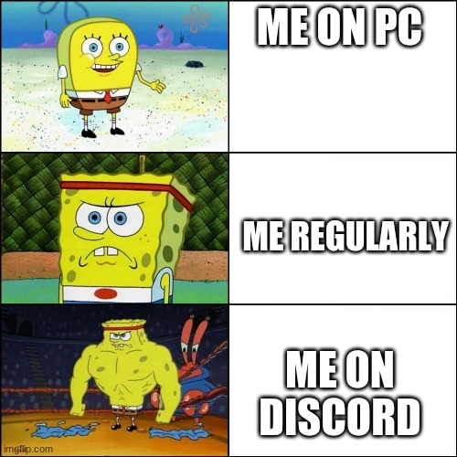 Do not question the angery one | ME ON PC; ME REGULARLY; ME ON DISCORD | image tagged in stronk spongebob | made w/ Imgflip meme maker