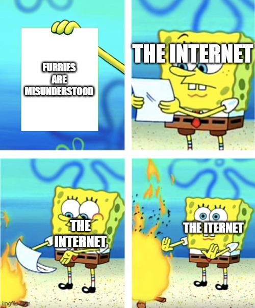 Spongebob Burning Paper | THE INTERNET; FURRIES ARE MISUNDERSTOOD; THE INTERNET; THE ITERNET | image tagged in spongebob burning paper | made w/ Imgflip meme maker