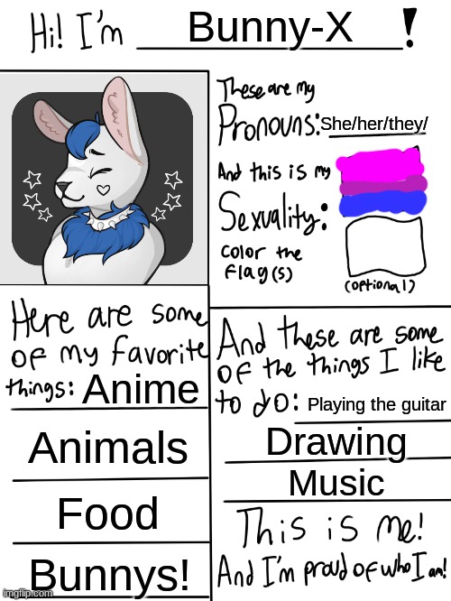 Hi everyone! ⊂(◉‿◉)つ | Bunny-X; She/her/they/; Anime; Playing the guitar; Animals; Drawing; Music; Food; Bunnys! | image tagged in lgbtq stream account profile | made w/ Imgflip meme maker