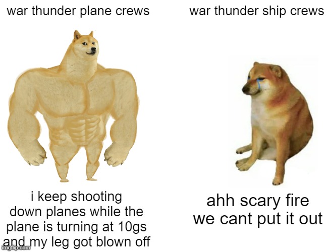 Buff Doge vs. Cheems |  war thunder plane crews; war thunder ship crews; i keep shooting down planes while the plane is turning at 10gs and my leg got blown off; ahh scary fire we cant put it out | image tagged in memes,buff doge vs cheems | made w/ Imgflip meme maker
