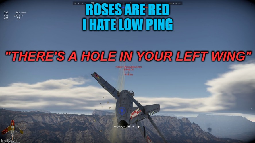 *starts spamming J |  ROSES ARE RED
I HATE LOW PING; "THERE'S A HOLE IN YOUR LEFT WING" | made w/ Imgflip meme maker