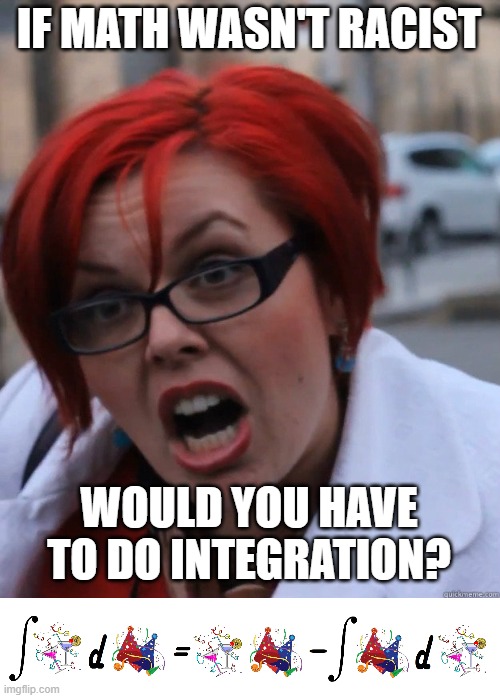 IF MATH WASN'T RACIST; WOULD YOU HAVE TO DO INTEGRATION? | image tagged in feminist face,integration by parties | made w/ Imgflip meme maker