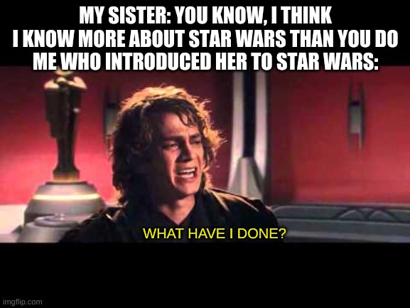 True story guys | MY SISTER: YOU KNOW, I THINK I KNOW MORE ABOUT STAR WARS THAN YOU DO
ME WHO INTRODUCED HER TO STAR WARS:; WHAT HAVE I DONE? | image tagged in anakin what have i done | made w/ Imgflip meme maker