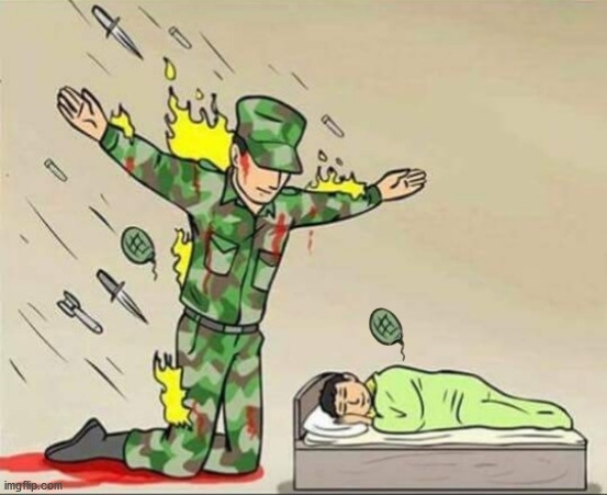 Soldier protecting sleeping child fails Blank Meme Template