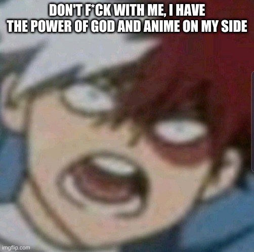 Todoroki yelling | DON'T F*CK WITH ME, I HAVE THE POWER OF GOD AND ANIME ON MY SIDE | image tagged in mha,bnha,funny frame | made w/ Imgflip meme maker