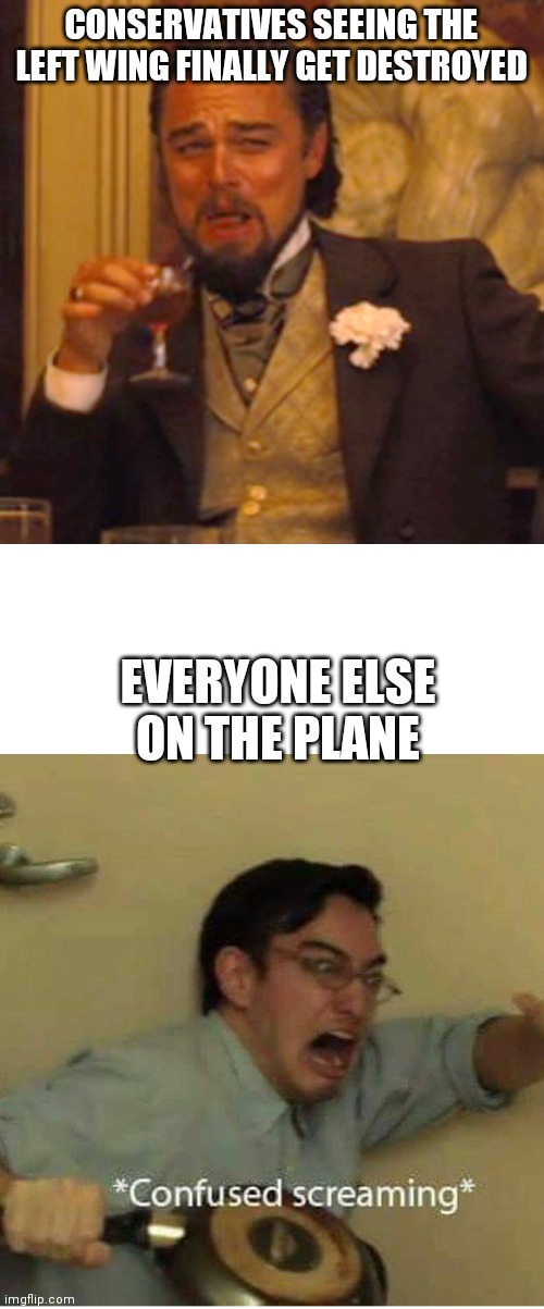CONSERVATIVES SEEING THE LEFT WING FINALLY GET DESTROYED; EVERYONE ELSE ON THE PLANE | image tagged in memes,laughing leo,confused screaming | made w/ Imgflip meme maker