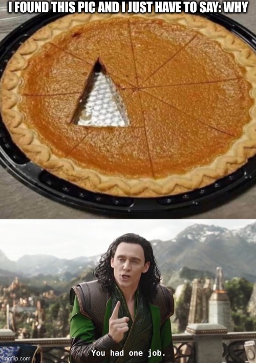 Well, it is a slice of pie | I FOUND THIS PIC AND I JUST HAVE TO SAY: WHY | image tagged in you had one job just the one | made w/ Imgflip meme maker