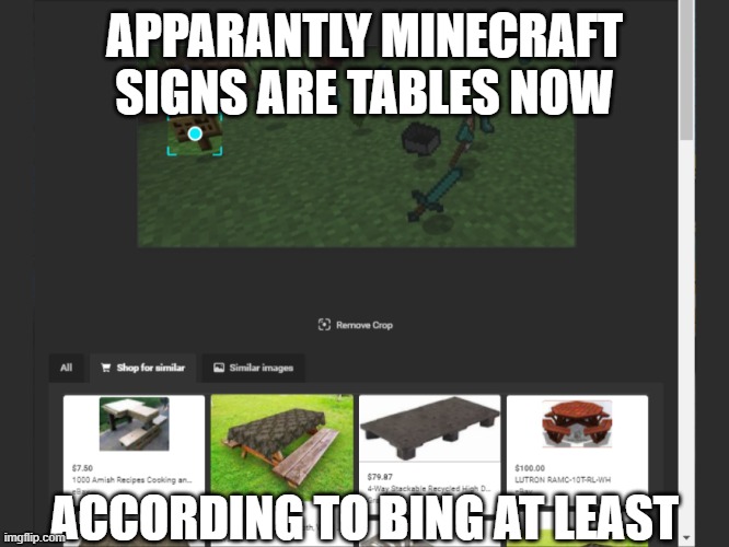 Bing's IQ | APPARANTLY MINECRAFT SIGNS ARE TABLES NOW; ACCORDING TO BING AT LEAST | image tagged in minecraft,bing,signs,tables | made w/ Imgflip meme maker