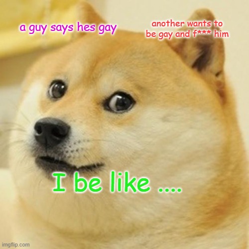 Doge | a guy says hes gay; another wants to be gay and f*** him; I be like .... | image tagged in memes,doge | made w/ Imgflip meme maker