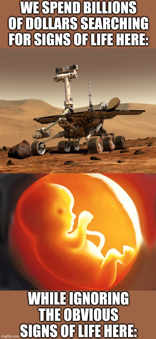 Honestly, who the heck cares about life on other planets when we don't value life on our own planet | WE SPEND BILLIONS OF DOLLARS SEARCHING FOR SIGNS OF LIFE HERE:; WHILE IGNORING THE OBVIOUS SIGNS OF LIFE HERE: | image tagged in mars rover,unborn child | made w/ Imgflip meme maker